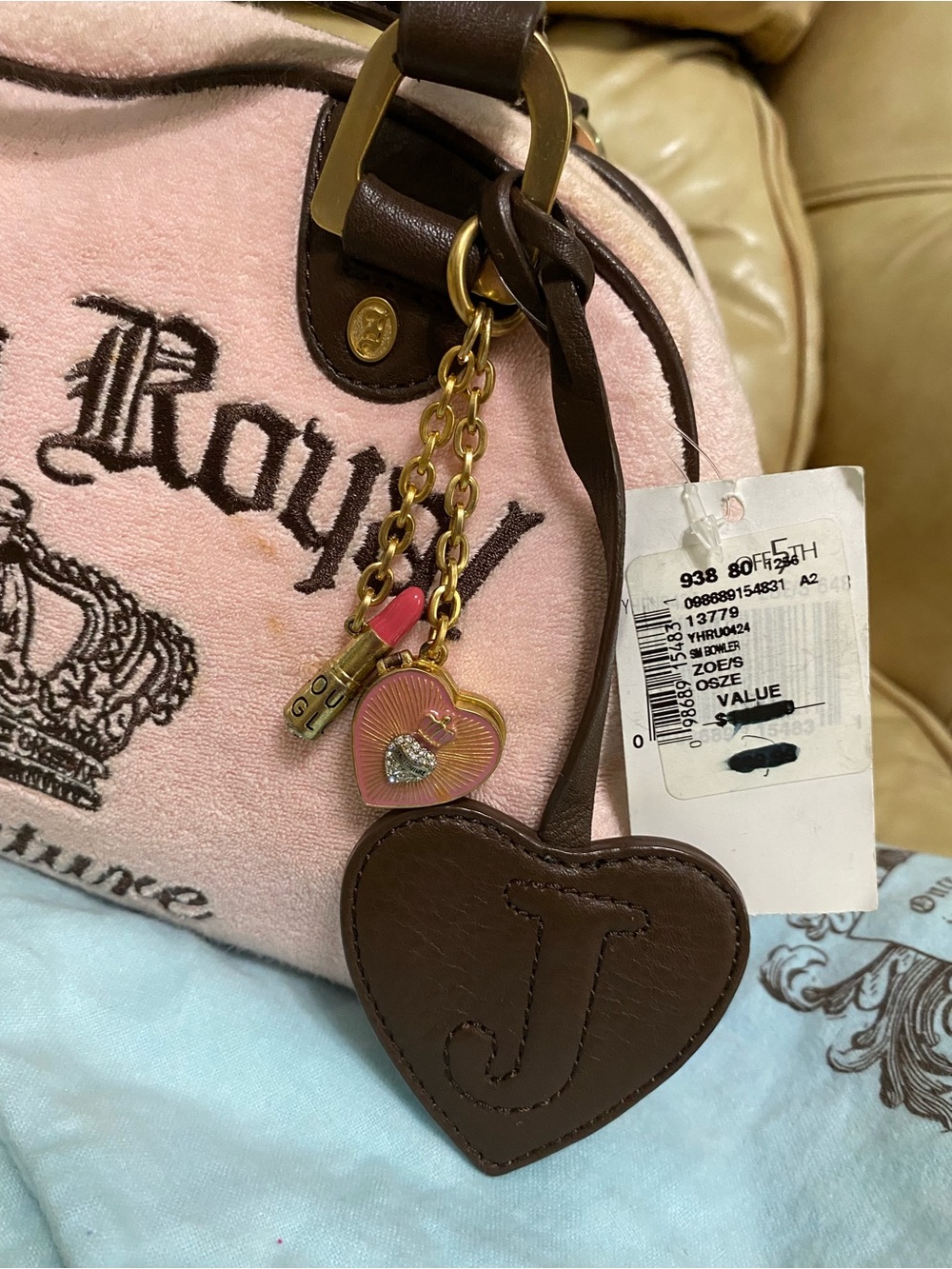 Vintage Juicy Couture Royal Bowler Bag Velour Velvet Baby Pink Crown w/Charms - Picture 2 of 16